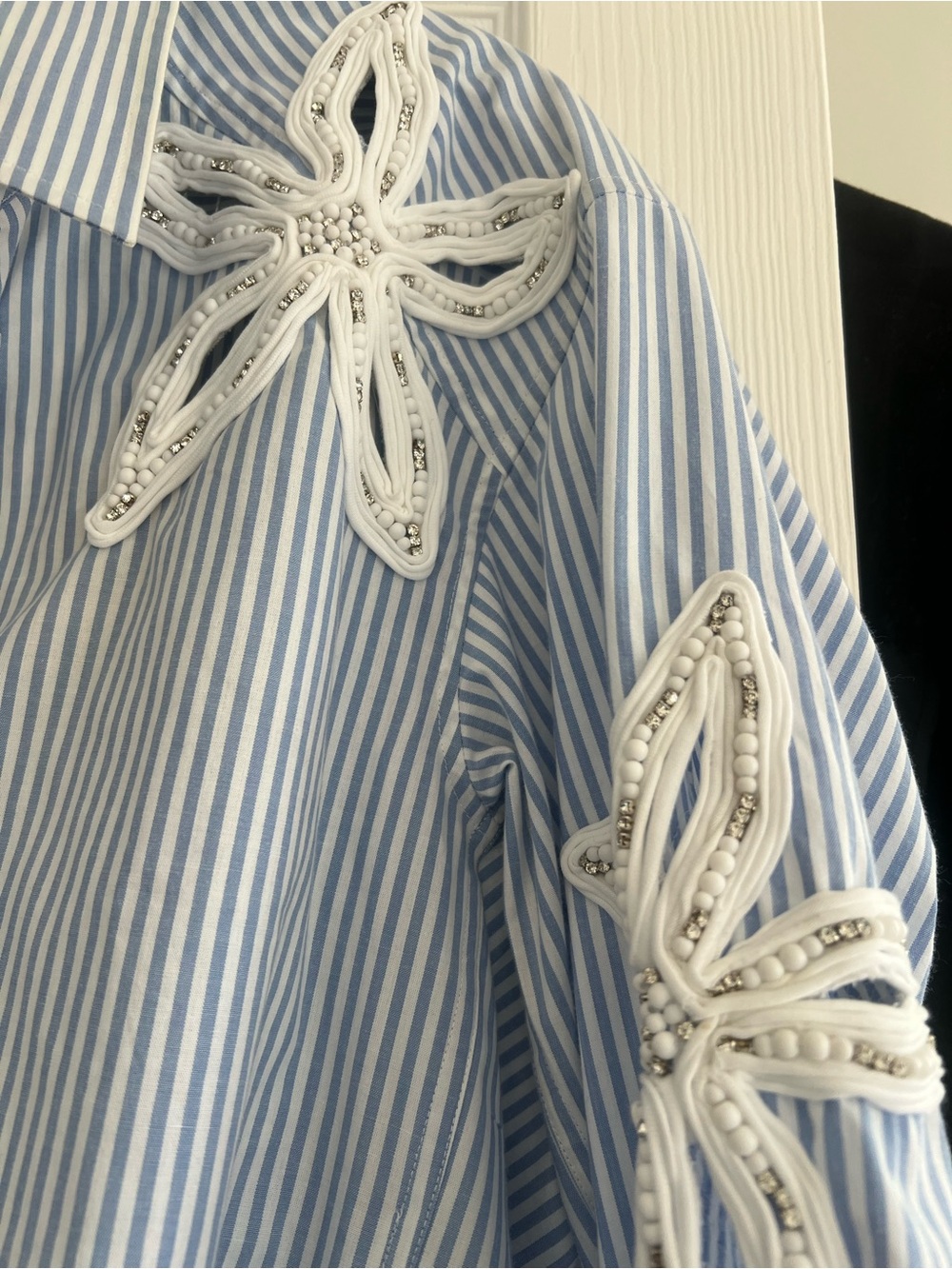 Sandro Blue & White Striped Button-Down Shirt with Floral Appliqué - Picture 2 of 3